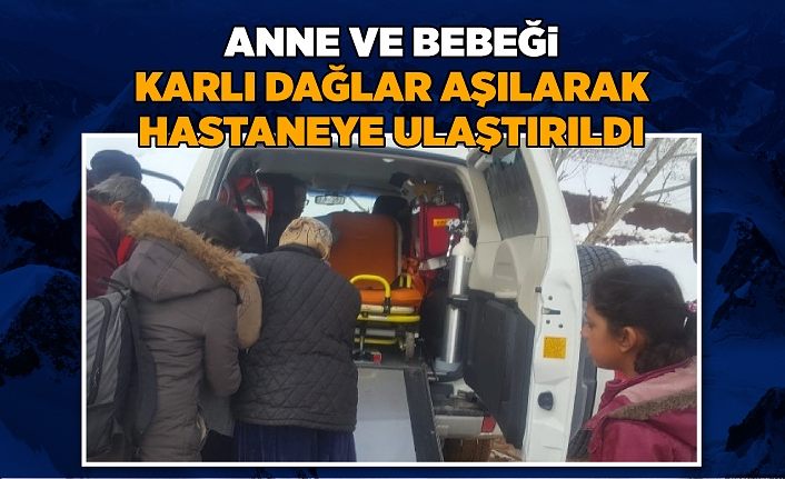 Anne ve bebeği karlı dağlar aşılarak hastaneye ulaştırıldı
