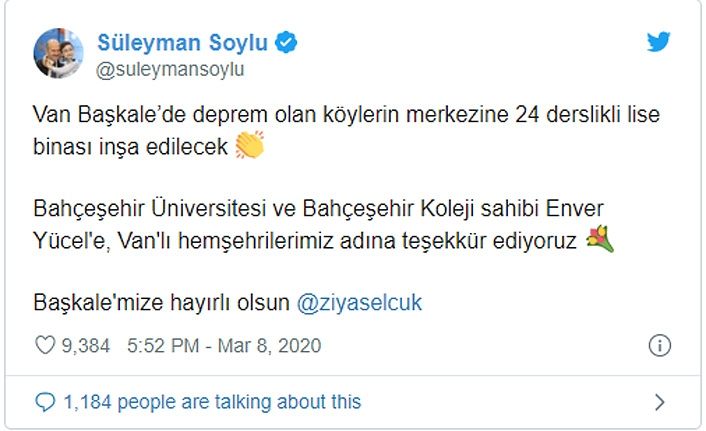 Bakan Soylu'dan Bahçeşehir Kolejine Van halkı adına teşekkür