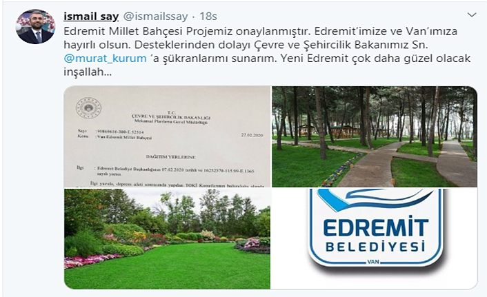 Edremit Belediye Başkanı Say müjdeyi verdi: ‘Millet Bahçesi’ Projesi onaylandı